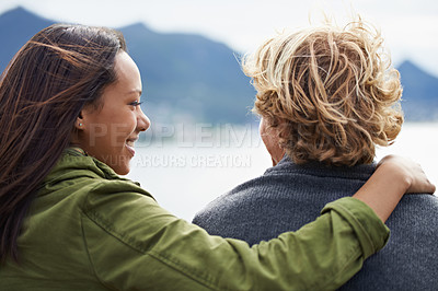 Buy stock photo Couple, back and nature with mountain, travel and closeup for road trip or holiday. Woman, adventure and vacation with smile, happiness and journey for tourism or hiking with love and view for date