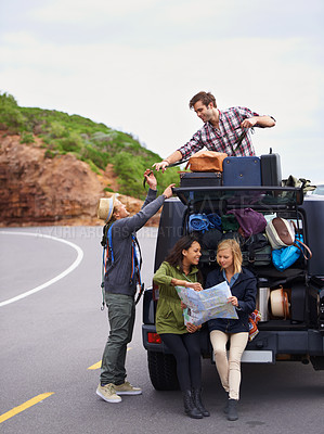 Buy stock photo Friends, road trip and map or car travel with luggage on roof on mountain path for vacation, adventure or location. People, group and together in Italy with transportation or camping, holiday or bags