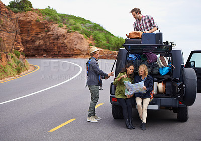 Buy stock photo Friends, road trip and map or car on mountain with luggage on roof or adventure for vacation, travel or navigation. People, group and together in Italy with transportation or camping, holiday or bags