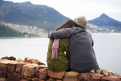 Buy stock photo Couple, back and nature with mountain, hug and lake for road trip or holiday. Woman, adventure and vacation with embrace, happiness and journey for tourism or hiking with travel and view for date