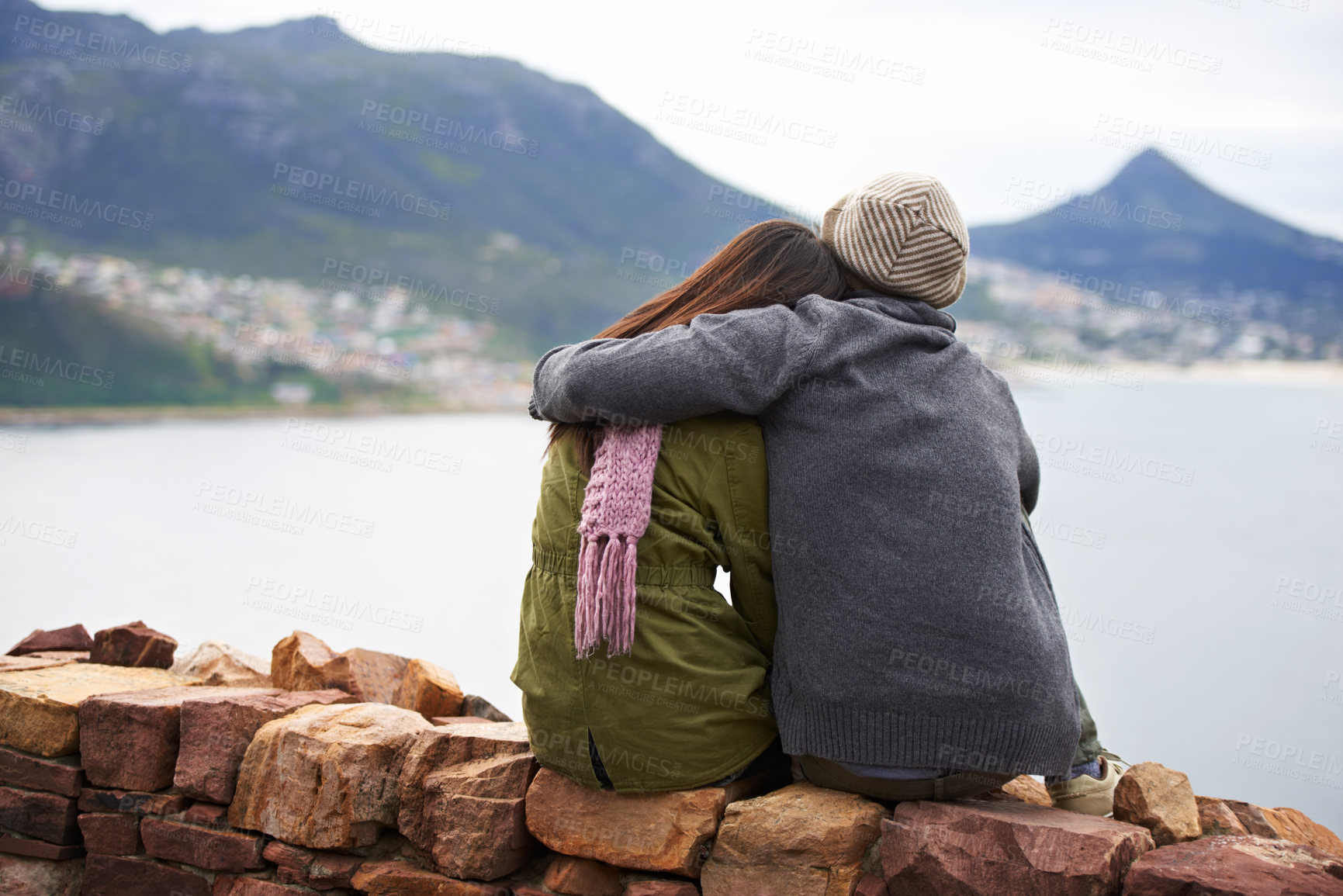 Buy stock photo Couple, back and nature with mountain, hug and lake for road trip or holiday. Woman, adventure and vacation with embrace, happiness and journey for tourism or hiking with travel and view for date