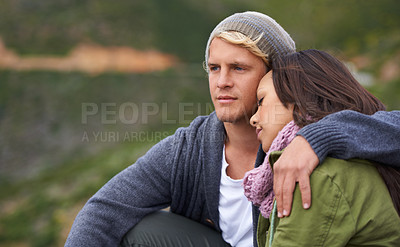 Buy stock photo Couple, hug and relax with love for bonding, holiday or weekend together in peaceful nature. Calm young man and woman resting head on shoulder for embrace, support or care in trust or outdoor romance