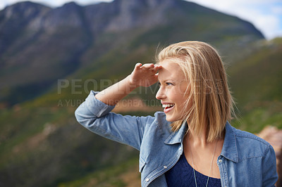 Buy stock photo Female person, happiness and travel in nature for mountain as tourist in Cape Town to relax and peace. Woman, smile and excited for adventure on road trip for sightseeing, holiday and getaway