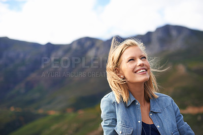 Buy stock photo Woman, smile and vacation in nature for mountain as tourist in Cape Town to relax and peace. Female person, happiness and excited for adventure on road trip for holiday, getaway and freedom outdoor