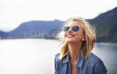 Buy stock photo Girl, smile and peace in nature for mountain as tourist in Cape Town to relax and sun. Female person, happiness and excited for adventure on excited in trip for holiday, lake and cheerful for hiking