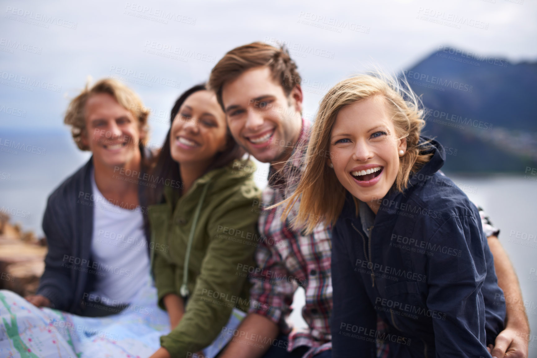 Buy stock photo Happy friends, road trip and travel with group for fun holiday, weekend or outdoor getaway together in nature. Portrait of young people with smile for friendship, freedom or adventure on journey