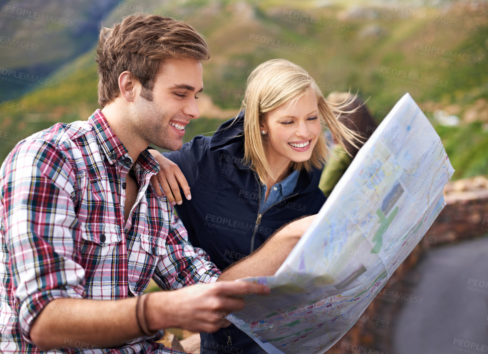 Buy stock photo Happy couple, map and travel with location, destination or coordinates on mountain in nature. Young man and woman with smile, document or paper with routes for navigation, help or outdoor tourism