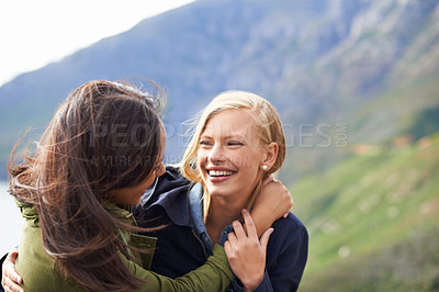 Buy stock photo Happy woman, friends and laughing with hug for funny joke, humor or bonding together in nature. Female person with smile for embrace, care or support on hiking holiday, weekend or outdoor travel
