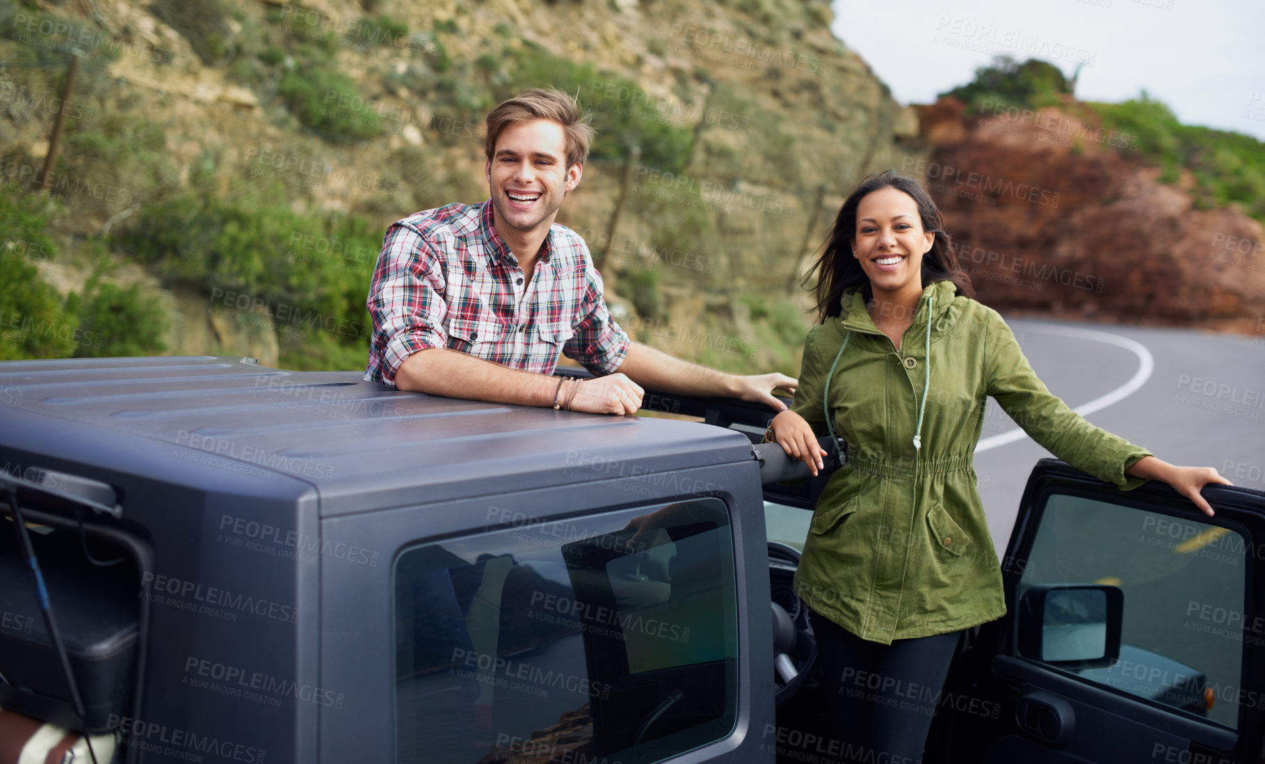 Buy stock photo Car, couple and road trip for travel for happiness, love and adventure together in Australia. Freedom, vacation and people on street with transportation, journey and smile for trip across country