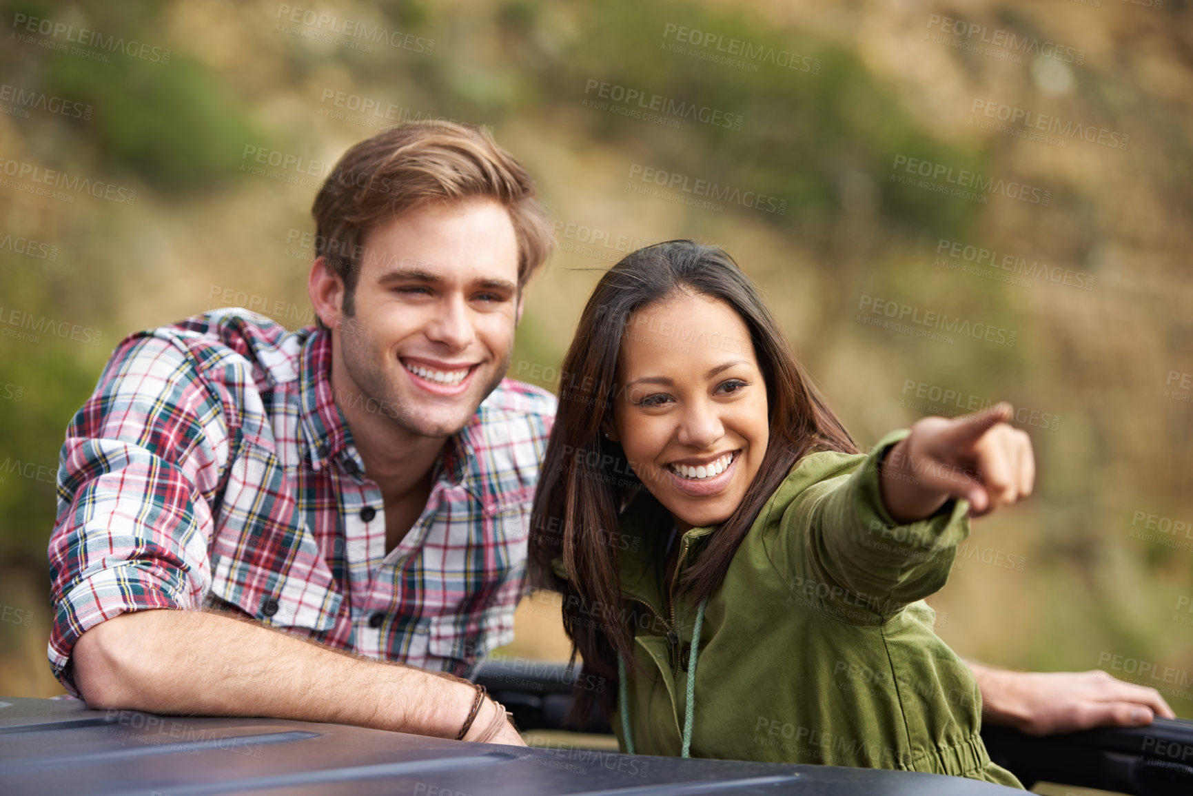 Buy stock photo Couple, point at view and road trip for travel, happy with love and adventure in Australia. Direction, vacation and people outdoor with trust and commitment, journey and smile for trip across country