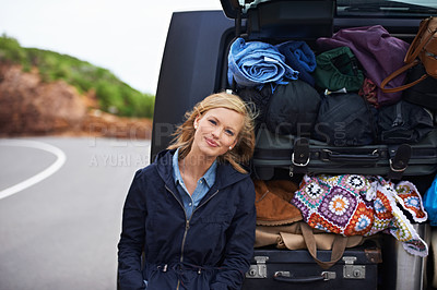 Buy stock photo Woman, portrait and car luggage on road trip on mountain  or camp holiday, vacation or explore. Female person, smile and vehicle trunk or bags for European adventure or travel, transport or journey