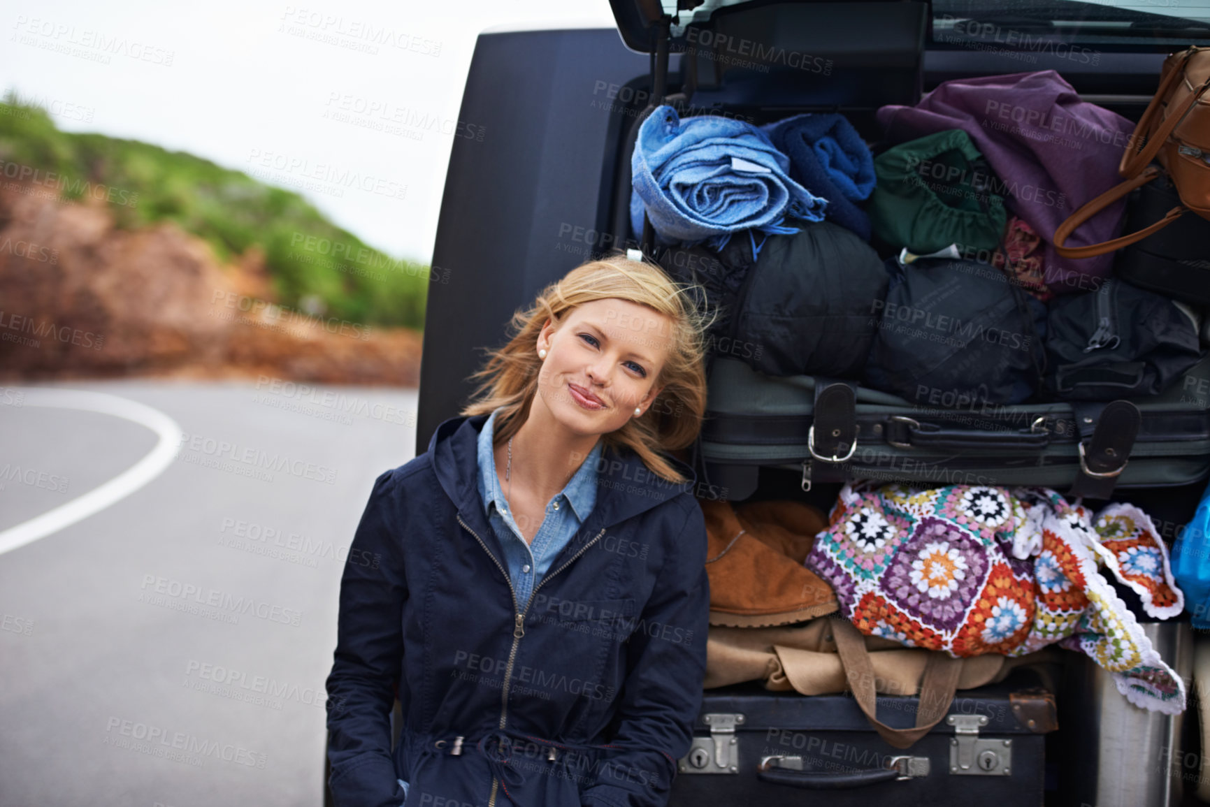 Buy stock photo Woman, portrait and car luggage on road trip on mountain  or camp holiday, vacation or explore. Female person, smile and vehicle trunk or bags for European adventure or travel, transport or journey