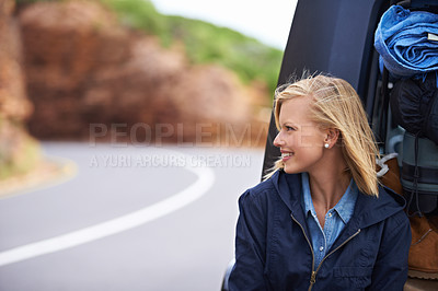 Buy stock photo Woman, car and luggage in trunk on road trip for mountain adventure for camping destination, travel or journey. Female person, smile and transportation in Italy for explore environment, drive or fun