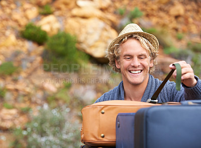 Buy stock photo Man, luggage and car roof for travel journey on mountain path for explore camping for summer, road trip or adventure. Male person, smile and suitcase on vehicle in Italy, ratchet straps or holiday