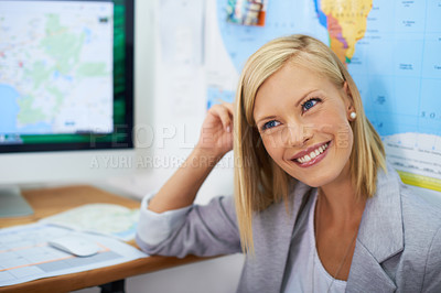 Buy stock photo Travel agency office, happy woman and agent thinking of plan, tour ideas or inspiration for journey advice, route or recommendation. Brainstorming face, map planning advisor and person contemplating 