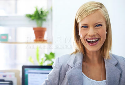 Buy stock photo Office, face portrait and happy woman, business agent or manager smile for career growth, job success or workplace happiness. Management, administration and person smiling for corporate service work