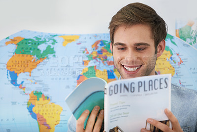 Buy stock photo Travel agent, office and happy man reading brochure information, tourism book or planning global trip. Business magazine, professional agency employee and male person review holiday destination route