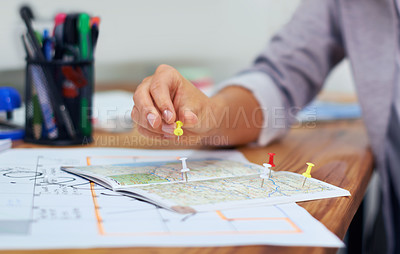 Buy stock photo Travel agency, map pin and woman hands planning sightseeing destination, holiday location or transport route. Vacation, office agent or closeup person with world, global or international tourism plan