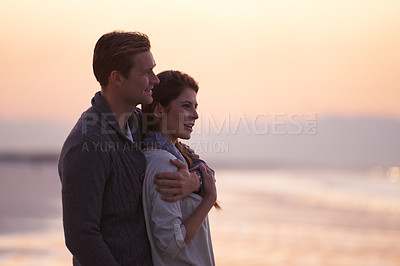 Buy stock photo Couple, love and embrace on beach at sunset with happiness together on holiday in Florida. Travel, vacation and man hug woman outdoor on date in summer with care, support and kindness in marriage