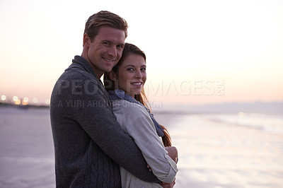 Buy stock photo Couple, hug and portrait on beach at sunset with happiness together on holiday in Florida. Travel, vacation and man embrace woman outdoor on date in summer with care, support and love in marriage