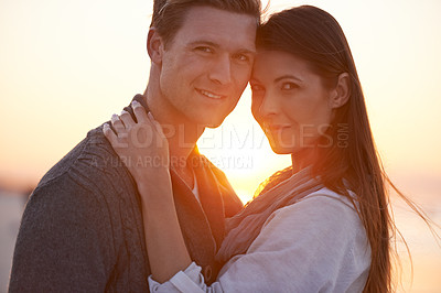 Buy stock photo Couple hug, portrait on beach and sunset, nature and travel with bonding for love and commitment outdoor. People with support, trust and loyalty with adventure together for honeymoon or anniversary