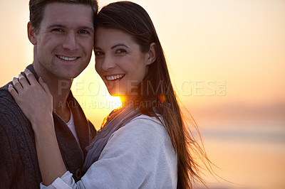 Buy stock photo Couple hug, portrait and sunset on beach, travel for bonding and romance outdoor with love and trust. Happiness, support and loyalty with people in relationship, mockup space and adventure together
