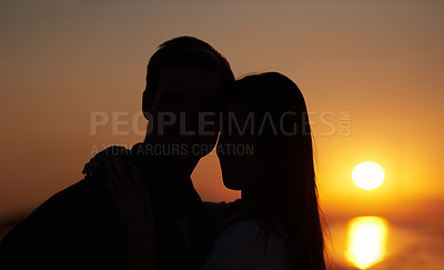 Buy stock photo Silhouette, sunset and couple hug outdoor with view of nature, travel and bonding for love and commitment. People in relationship, trust and loyalty with adventure together and shadow on beach