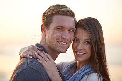 Buy stock photo Couple, hug and happy portrait at sunset with love together on holiday in Florida. Travel, vacation and man embrace woman outdoor on date in summer with care, support and kindness in marriage