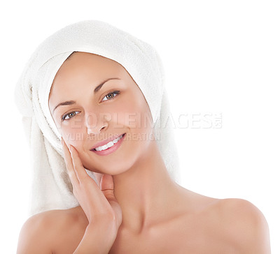 Buy stock photo Skincare, portrait and happy woman with towel in studio for cosmetics, dermatology and results on white background. Soft, beauty and lady touching her face after cleaning, shower or hair care routine