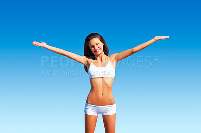 Buy stock photo Freedom, woman portrait and healthy body outdoor with happiness and relax ready for fitness. Blue sky, young and female person with a happy smile in summer sun and nature with wellness and carefree