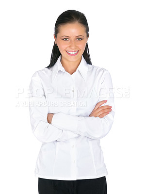 Buy stock photo Portrait, confident and woman with fashion for corporate or formal apparel on white background. Female model, smile and arms crossed in business attire, classic office wear and in studio mockup