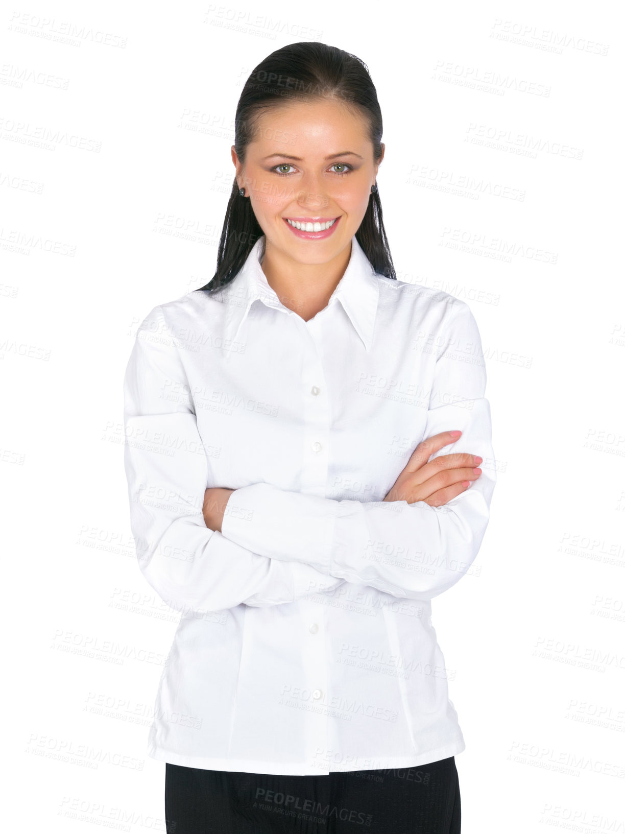 Buy stock photo Portrait, confident and woman with fashion for corporate or formal apparel on white background. Female model, smile and arms crossed in business attire, classic office wear and in studio mockup