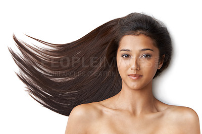 Buy stock photo Hair care, woman and portrait or happy in studio with keratin treatment, soft texture and shampoo shine. Model, face and beauty with hairstyle results, cosmetics and collagen glow on white background