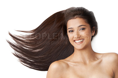 Buy stock photo Hair care, woman and portrait or beauty in studio with keratin treatment, soft texture and shampoo shine. Model, face and happy with hairstyle results, cosmetics and collagen glow on white background