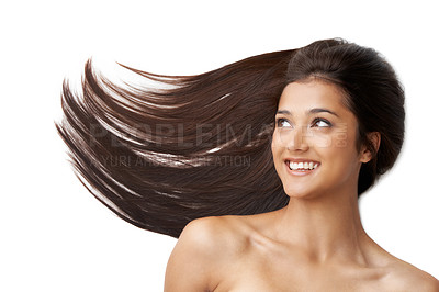 Buy stock photo Hair care, woman and happy or thinking in studio with keratin treatment, soft texture or shampoo shine on mockup. Model, person and beauty with hairstyle ideas, cosmetics and glow on white background