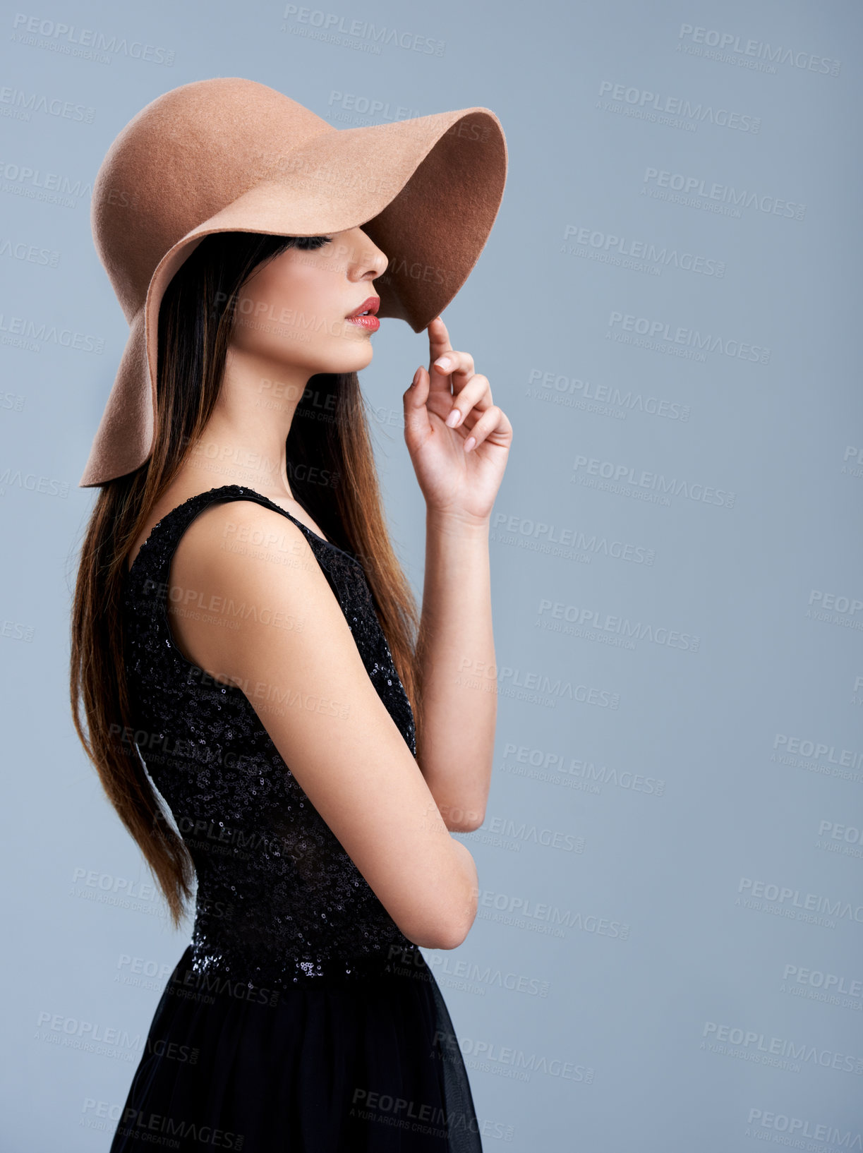 Buy stock photo Fashion, profile and woman in hat with glamour, confidence and mockup in studio. Classic, vintage chic and elegant style with girl on grey background for designer clothes, classy and cool aesthetic.