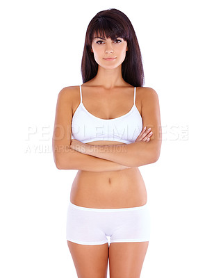 Buy stock photo Health, confidence and portrait of woman in underwear with slim body and wellness in studio. Fashion, lingerie and arms crossed, diet and self care results for proud girl on white background.