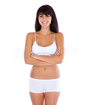 Buy stock photo Studio, confidence and portrait of happy woman in underwear with health, body positivity and wellness. Smile, lingerie and arms crossed, diet and self care results for proud girl on white background.