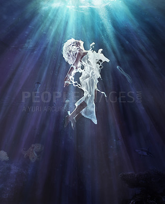Buy stock photo Full-length shot of a young woman submerged in water