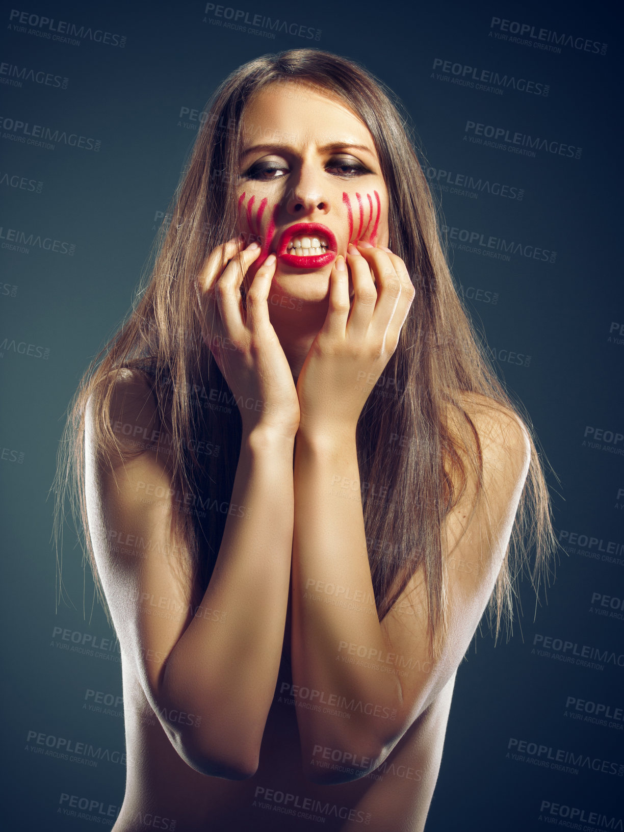 Buy stock photo Portrait, rage and woman with anger, blood and person on a dark studio background. Face, model and girl with expression or upset with emotion and furious with stress and emoji with conflict or crisis