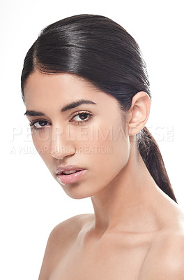 Buy stock photo Woman, portrait and natural beauty with skincare for makeup or cosmetics on a white studio background. Face of female person, brunette or model in cosmetology or dermatology for facial treatment