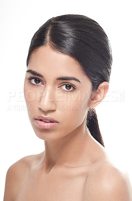 Buy stock photo Face, portrait or woman with natural beauty, wellness or  in studio isolated on white background. Dermatology, clean or serious girl model with facial skincare cosmetics, face health or glowing shine