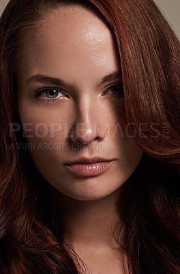 Buy stock photo Woman, portrait and cosmetics for haircare in studio, attitude and keratin treatment or shampoo. Female person, serious face and beauty in hairstyle, aesthetic and closeup of dermatology and growth