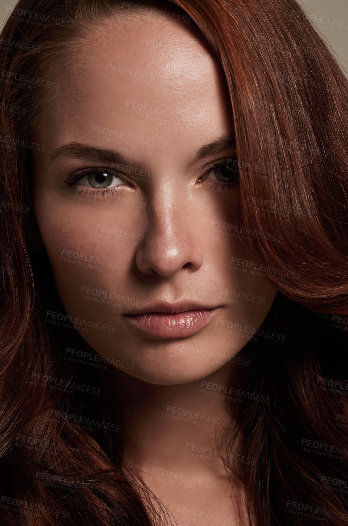 Buy stock photo Woman, portrait and cosmetics for haircare in studio, attitude and keratin treatment or shampoo. Female person, serious face and beauty in hairstyle, aesthetic and closeup of dermatology and growth