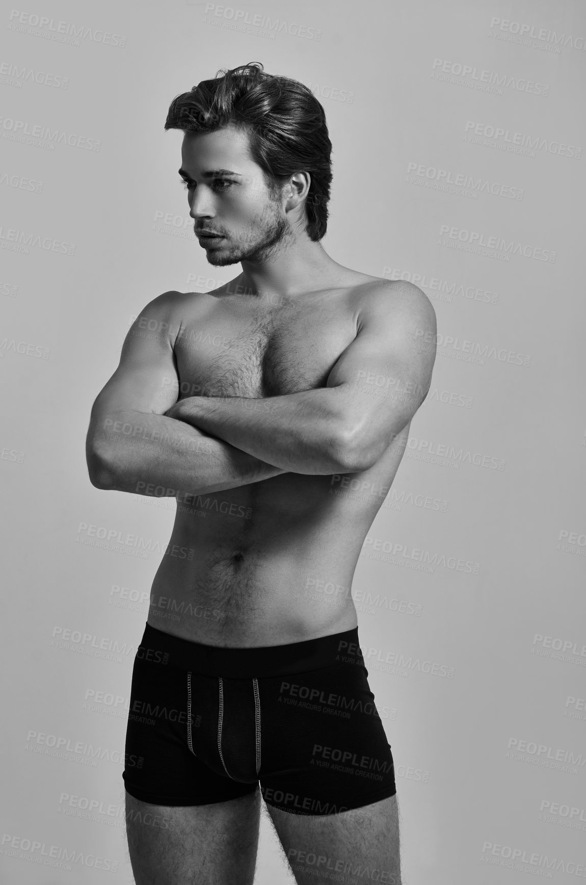 Buy stock photo Thinking, fitness and man in underwear with arms crossed on monochrome in studio isolated on a background. Confidence, serious athlete and pose after exercise, sports or workout for healthy body.