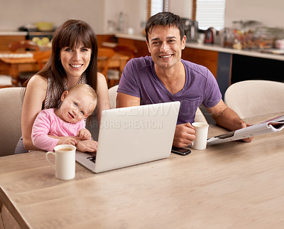 Buy stock photo Portrait, laptop and happy family with baby in home, relax and drinking coffee at table in the morning. Face, parents and toddler on computer for learning, online education and bonding with child