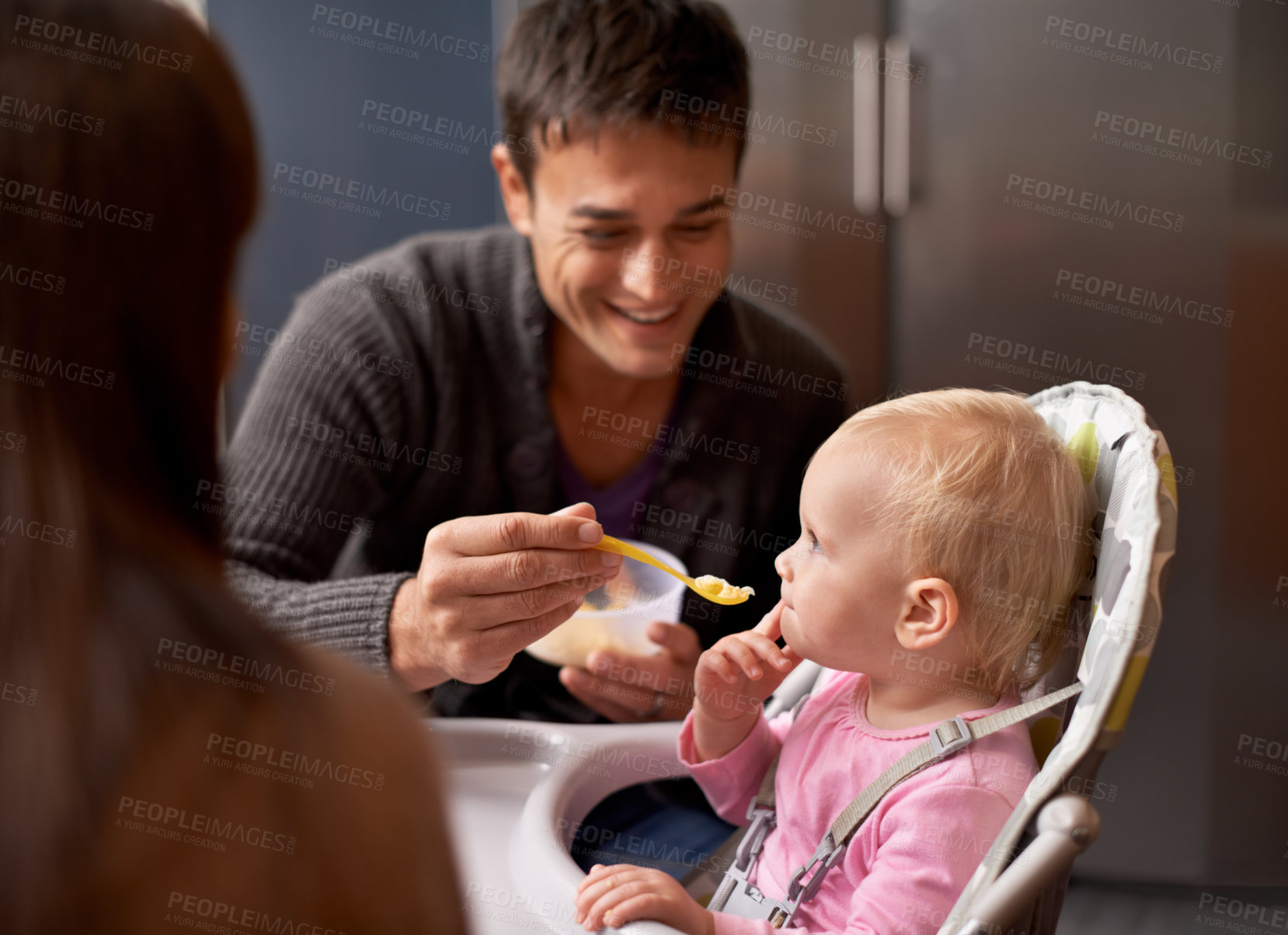 Buy stock photo Happy, baby and dad in feeding at home in the morning with nutrition and wellness. Father, family and food of a infant with development and breakfast in a house kitchen with love, support and care