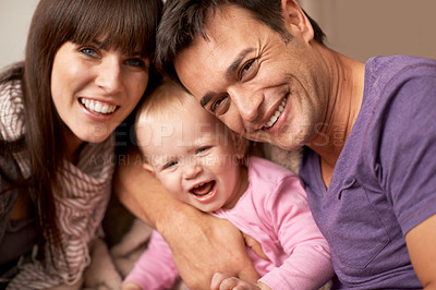 Buy stock photo Love, selfie and baby with parents in a house for bonding, support or having fun together. Happy family, portrait and people embrace excited kid for profile picture memory or playing in their home