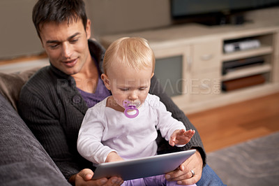 Buy stock photo Search, tablet or father and baby on sofa for cartoon, streaming or gaming while bonding at home. Digital, learning or dad and girl in living room with storytelling app, fantasy or child development