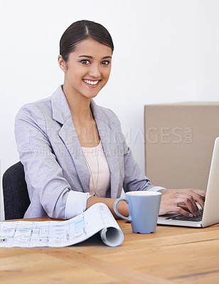 Buy stock photo Architecture, laptop or portrait of business woman in office for building, documents or blueprint research. Construction, face or lady architect with property compliance check for real estate design